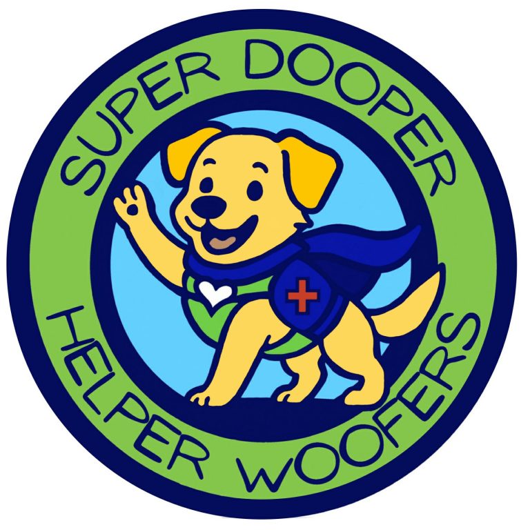 Ein glücklicher Hund in einem Assistenzhunde-Cape und weißen Herz auf der Brust, der mit einer Pfote winkt, umgeben von einem grünen Kreis.